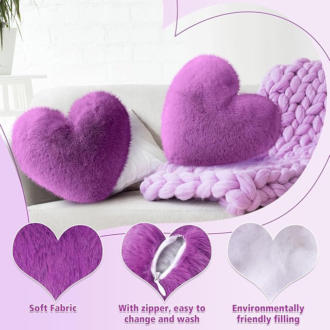 Marsui 2 Pcs Heart Throw Pillows, Soft Fluffy Faux Fur Decorative Hearts Shaped Pillows for Living Room Sofa Bed, Cute Heart Themed Gift for Women(Dark Royal Purple,11.81 x 11.02 Inch)