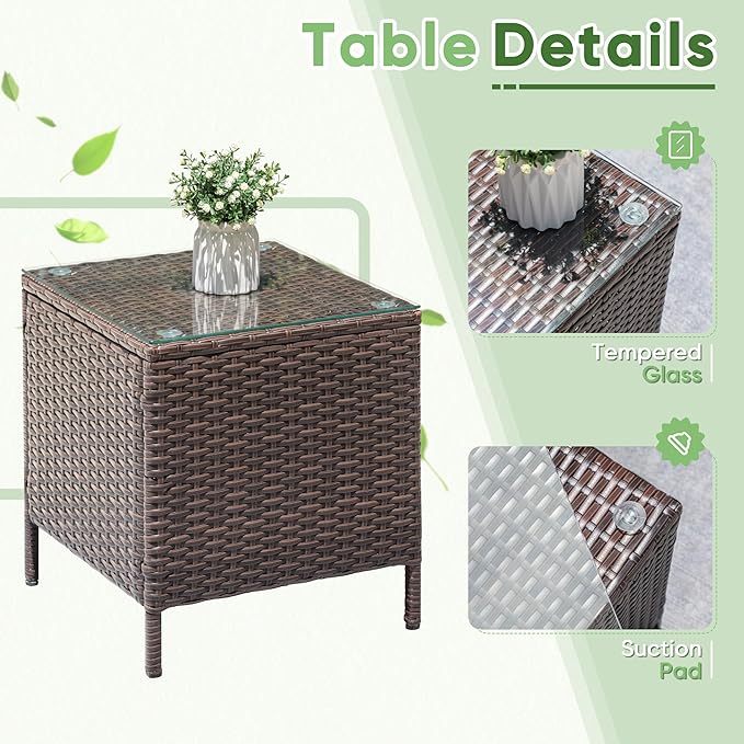 Greesum 3 Pieces Patio Dining PE Rattan Wicker Chair Furniture Set with Cushion and Glass Coffee Table for Outdoor Garden Backyard Poolside, Brown and Red