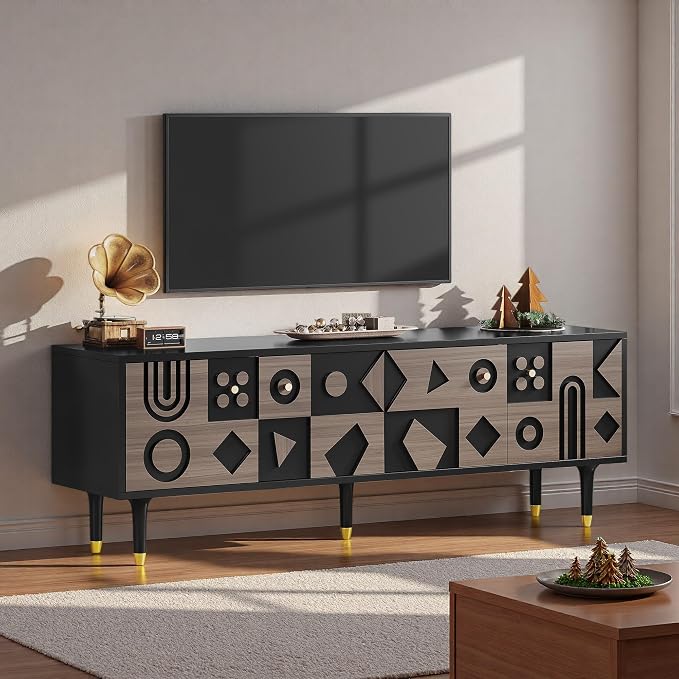 YITAHOME Mid Century Modern TV Stand for up to 80 Inch TV, 70" TV Entertainment Center with Storage, Media Console with 4 Door Cabinets for Living Room, Black by YITAHOME