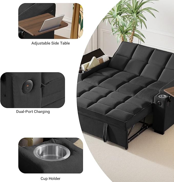 65'' 3-in-1 Sleeper Sofa Bed with Pull-Out Couch & Side Table, Convertible Loveseat with Adjustable Backrest, Velvet Chaise Lounge with USB & Type-C Ports, Black