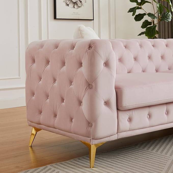 KEIKI 83" Luxury Oversized Velvet Chesterfield Sofa with 2 Pillows, Mid-Century Style 3-Seater Tufted Buttons Couch with High-Density Foam Cushions, Easy Assembly, for Apartment, Living Room, Pink