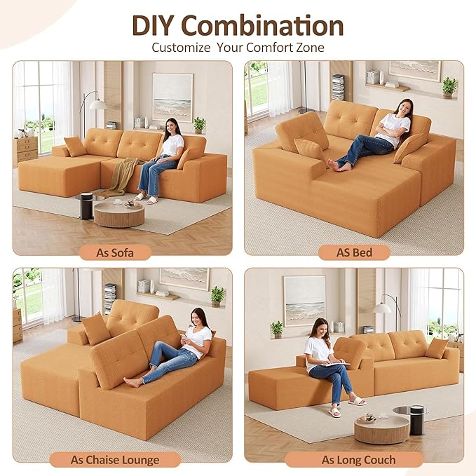 Ball & Cast 106'' Modular Sectional Boneless Couch for Living Room, Convertible Chenille Modern L Shape Couch with Pillows, Comfy 27''Deep Seat CompressionSofa,No Assembly,Right Facing(Orange)