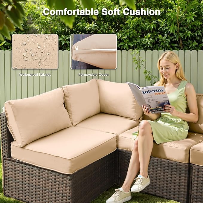 Patio Furniture Set 5 Piece All Weather PE Rattan Outdoor Sectional Sofa Couch with 4 x arm Sofa, No-Slip Cushions and Glass Top Table for Garden, Poolside, Backyard (Beige)