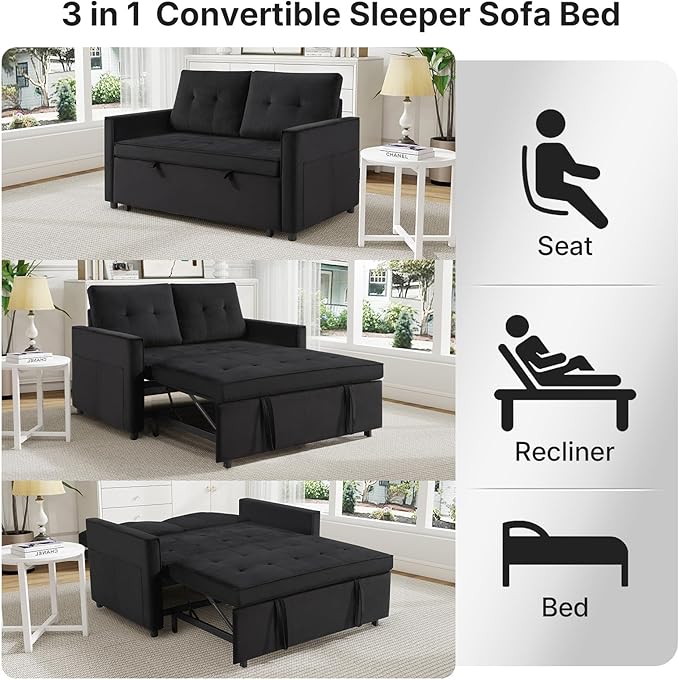 Rovibek 3-in-1 Velvet Sleeper Sofa Bed, Convertible Pull Out Couch for Living Room with Adjustable Backrest, Side Pockets, Velvet Fabric Loveseat Sofa for Apartment, Black