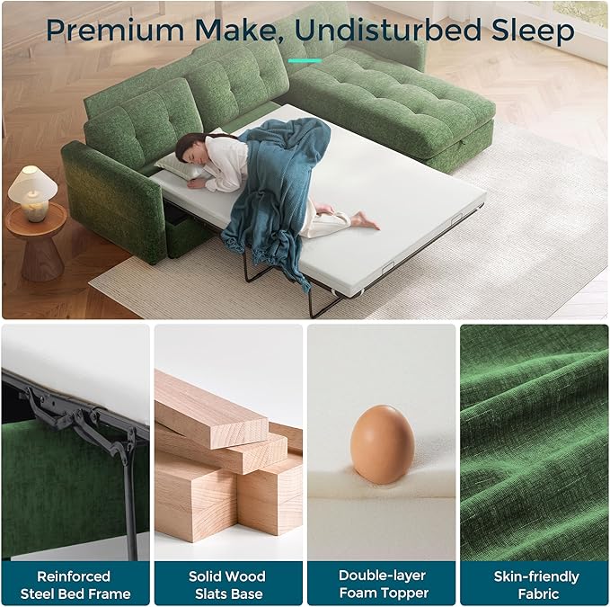 118" Oversized Sectional Sleeper Sofa with Pull Out Bed and Storage Chaise, Convertible Sofa Bed with Memory Foam Topper, Comfy L Shaped Modular Couches for Living Room Apartment Dorm Room, Green