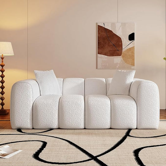 70" Modern Chenille Fabric Sofa Couch – One-Piece Memory Foam 3-Seater Sofa with Rounded Arms, Soft & Cozy Upholstery for Living Room (White)