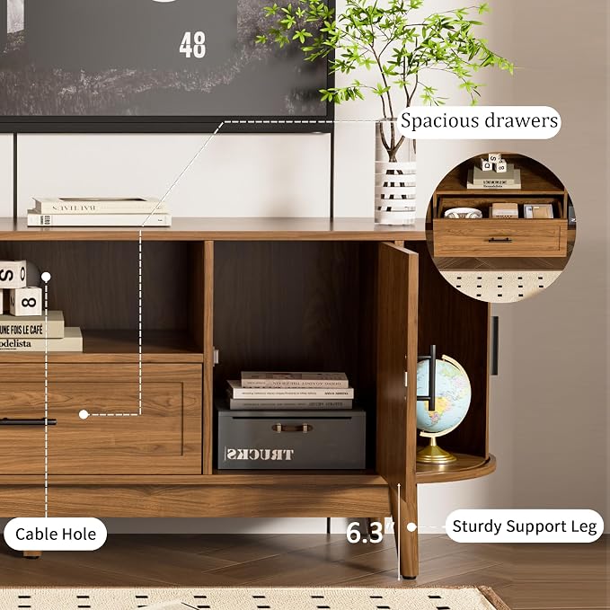 Mxtxmy 63" Fluted TV Stand for Tvs up to 70", Mid-Century Modern Entertainment Center with Drawers and Fluted Doors, Curved TV Media Console Table with Sliding Doors for Living Room, Bedroom (63") - Image 3