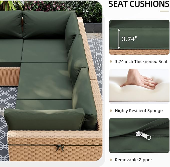 UPHA 5 Pieces Patio Furniture Sets, Wicker Outdoor Sectional Sofa Couch with Coffee Table, Patio Conversation Set for Deck Backyard Garden, Beige Rattan, Pine Green Cushion