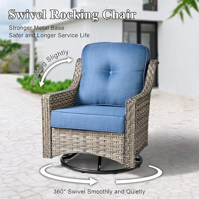 Patio Conversation Set,5 Pieces Wicker Patio Furnitures with Swivel Chair and Coffee Table,All Weather Patio Furniture Set for Garden,Backyard,Poolside(Sapphire Blue)