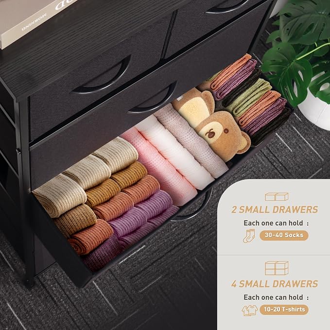 Mifuro Tall Dresser for Bedroom, Vertical Storage Organizer Tower with 6 Drawers, Chest of Drawers with Fabric Bins, Steel Frame, Wood Top for Bedroom, Closet, Entryway- Black - Image 5