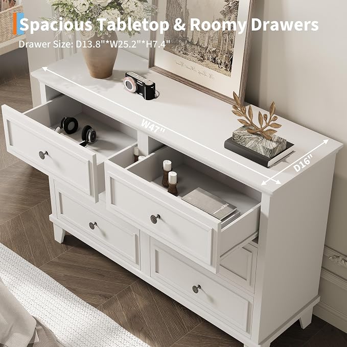 GAOMON Dresser for Bedroom, 6 Drawer Wide Dresser Storage Organizer, Modern Wooden Chest of Drawers with Metal Handles for Hallway, Entryway, Home Office, White - Image 5