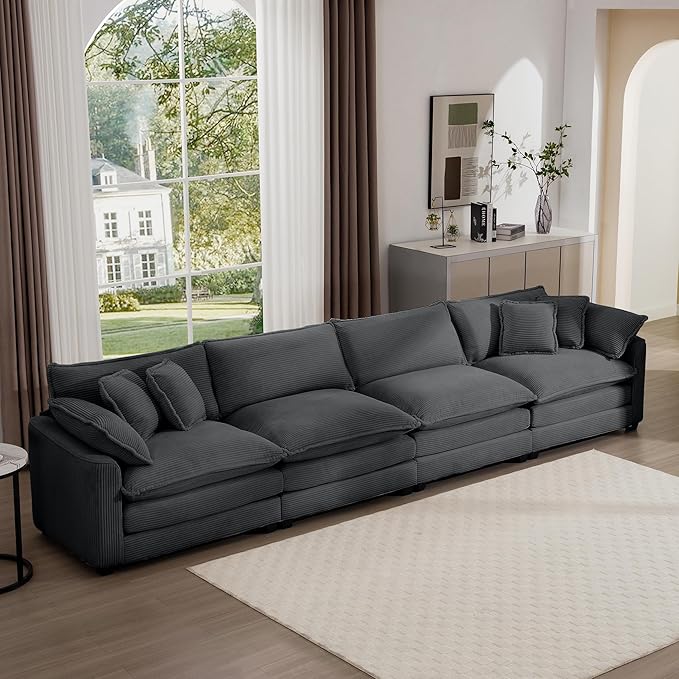 KEIKI 150" Oversized Corduroy Modular Sectional Cloud Sofa with High-Density Foam Cushions, Removable Armrests, Upholstered Modern 4-Seater Fluffy Corner Couch with 6 Pillow, for Living Room, Grey