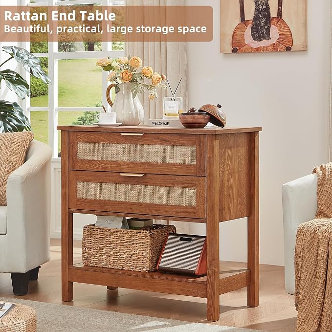 LEYAOYAO 31.5" Wide Rattan Night Stand, Large Boho Nightstand, Bedside Table with Storage, Tall Bed Side End Tables, Chest of Drawers for Bedroom, Living Room, Hallway（Brown,2 Drawers,2） - Image 7