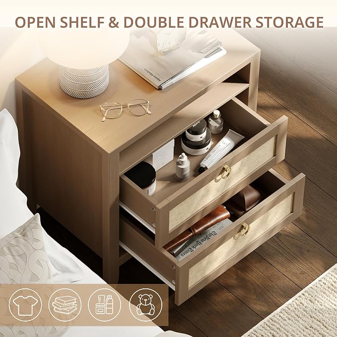 Dowinx 23.6" Rattan Night Stand Set of 2, Boho Nightstands with Charging Station, 2 Drawers and Strage Shelf, Large Night Stand Set of 2 for Bedroom Small Space Corner Oak - Image 4