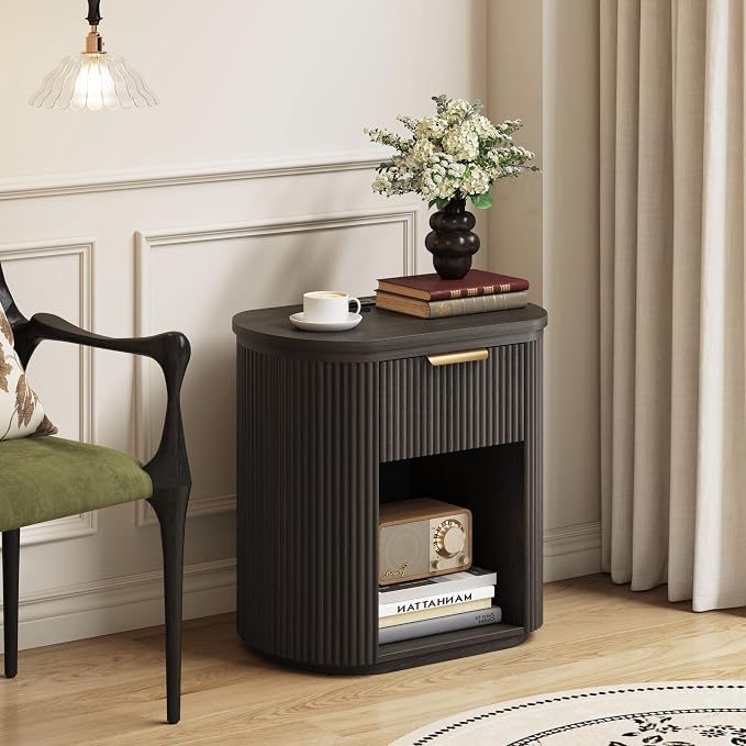 Fluted Nightstand with Charging Station, 23.6" Large Bedside Side Table with Drawer, Wood End Table with Storage, Curved Round Corner, Furniture Bedroom Sofa, Mid Century Modern, Vintage, Black - Image 4