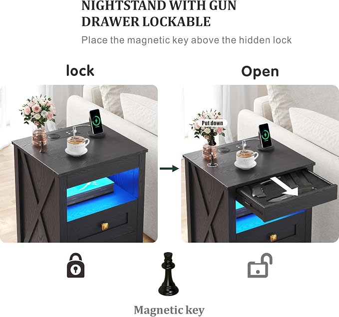 TAGELIER Farmhous Nightstand with Gun Drawer,Bedside Table with Charging Station, Gun Night Stand with LED Light & Human Sensor,Smart End Table for Bedroom, Black - Image 5