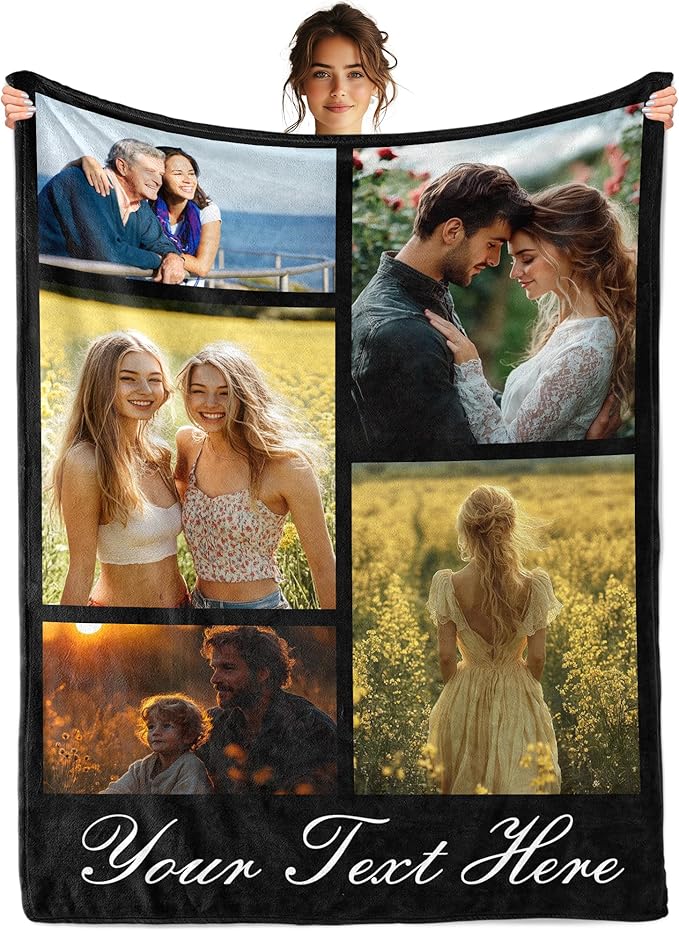 Custom Blanket with Photos Text, Personalized Blanket Throw with Pictures, Custom Anniversary Mothers day Fathers Day Birthday Gifts for Family Dad Mom Kids Friend Girlfriend Boyfriend Wife Husband