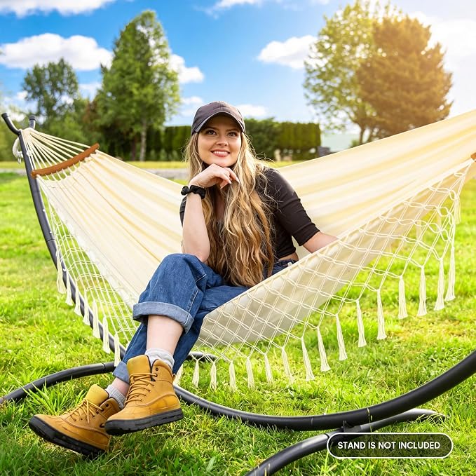 SUNCREAT Hammocks Outdoor Camping Double Hammock with Spreader Bar, Tassel, Hammocks for Outside, Beige - Image 2