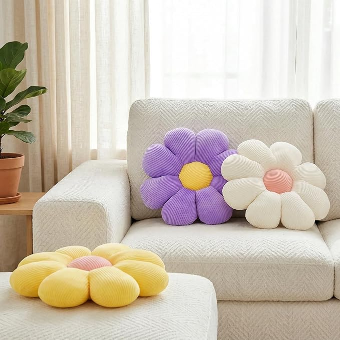 2 Pcs Purple White Flower Decorative Throw Pillows for Bed Couch Chair Sofa, 15.35" Cute Aesthetic Flower Daisy Shaped Throw Pillows for Bedroom Room Classroom Dorm Decor(White+Lavender, 15.35 Inch)