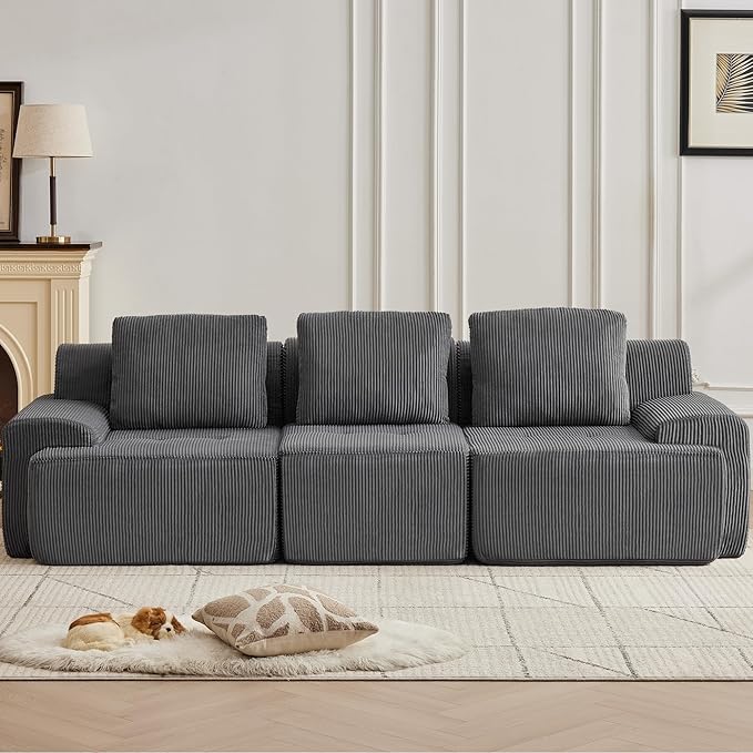 Modular Sectional Sofa with Movable Ottoman, 3 Seat Deep Seat Couch with 3 Pillows, Comfy Cloud Sectional Sofa for Living Room, Bedroom and Apartment (Grey, 1 Left+1 Right+1 Middle)