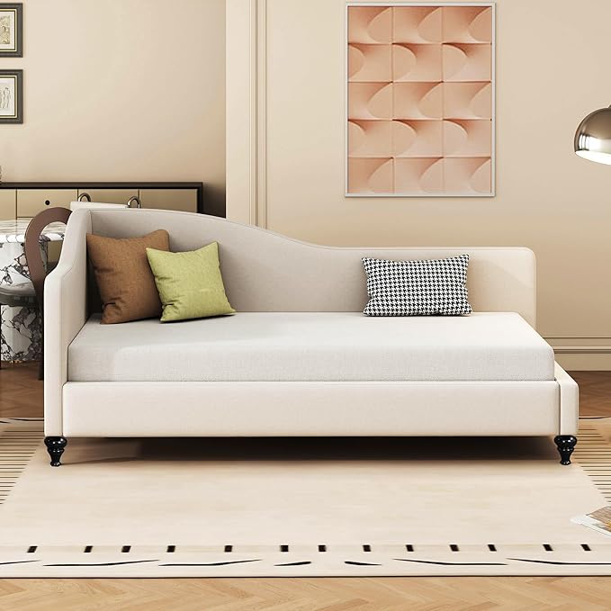 Merax Twin Size Bed Frame Daybed, L-Shaped Linen Day Bed Corner Sofa for Living Room & Guest Room, No Box Spring Needed, Beige