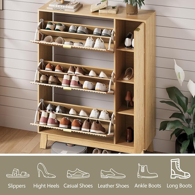Shoe Cabinet Storage for Entryway with 3 Flip Drawers & Side Cabinet, Fluted Narrow Shoe Organizer with Wooden Leg, Freestanding Shoe Storage Hidden Shoe Rack Organizer for Front Door Entrance, Oak - Image 3