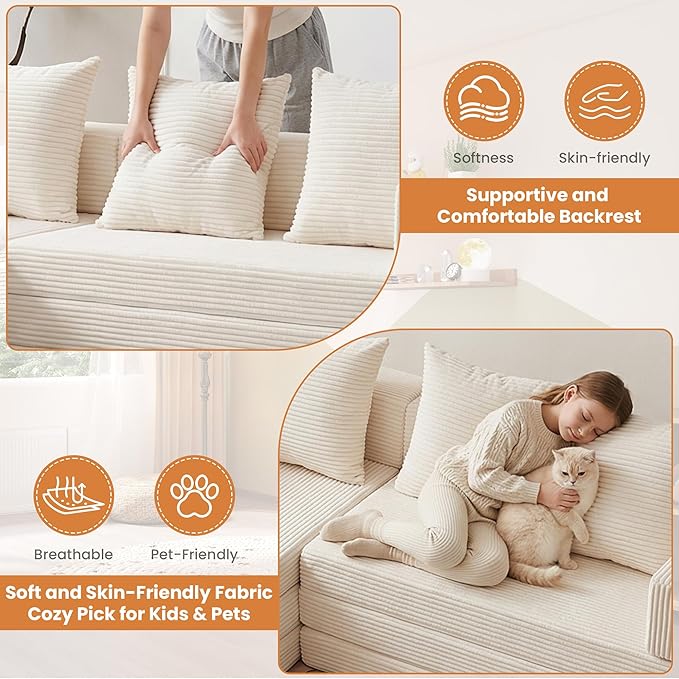 Modular Sectional Sofa, Boneless Convertible Oversized Sleeper Sofa Bed, Modern Tri-Folding Cloud Couch with L-Shape Chaise, Corduroy Futon Couches for Living Room Small Spaces Apartment,No Assembly