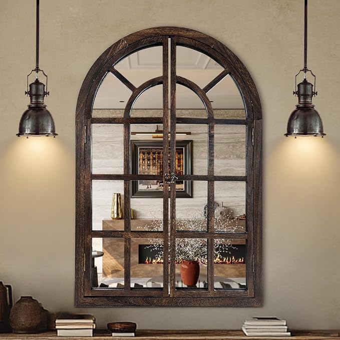 AMOISE Arched Wall Mirror with Window Pane Design 38 x 26 Inch Rustic Farmhouse Wood Decorative Mirror for Living Room Bedroom Entryway by AMOISE