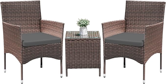 Greesum 3 Pieces Patio Dining PE Rattan Wicker Chair Furniture Set with Cushion and Glass Coffee Table for Outdoor Garden Backyard Poolside, Brown and Grey
