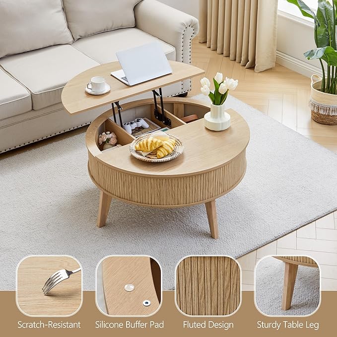 Round Lift Top Coffee Table with Storage, 35.4'' Fluted Wood Center Table Mid Century Modern Coffee Table with Lifting Top for Living Room, Office, Small Space (Natural)