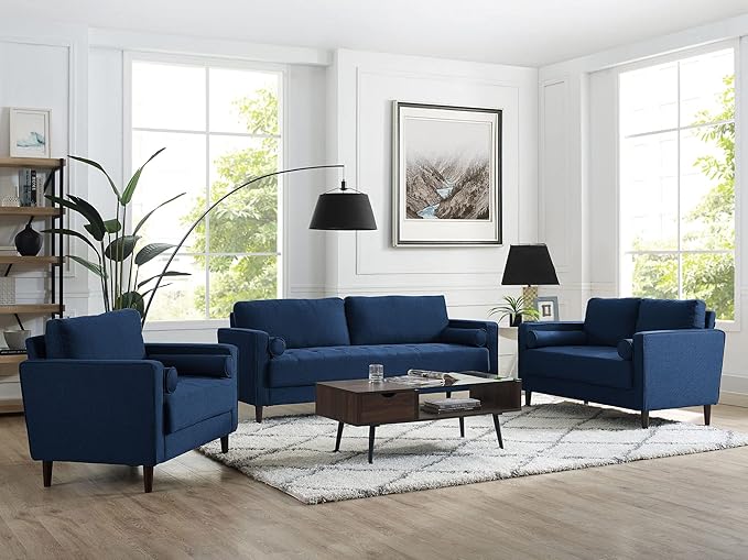 Studio Living® Lexington 39.4" Arm Chair, Mid-Century Modern, Pocket Coil Comfort, Easy Assembly, Woven Fabric, Navy Blue