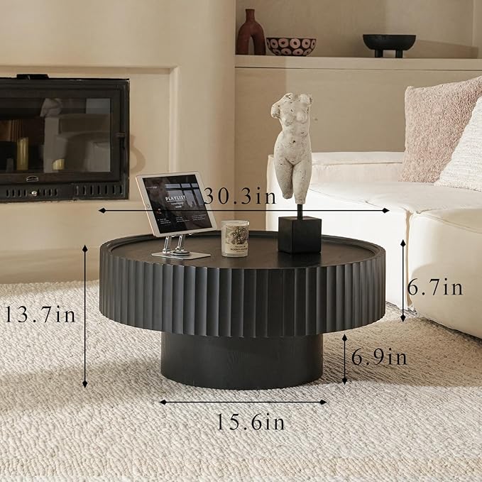 Round Coffee Table, 30.3in Modern Living Room Table, Fluted Drum Circle Tea Table with Storage, Accent Center Tables for Living Room, Apartment, Small Space(30.3''L×13.7''H) (Black)