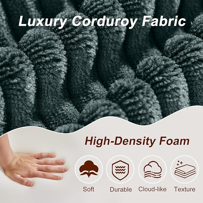 Corduroy Cloud Couch with Pillow, Premium Memory Foam, No Assembly Required, Deep Seat Sofa in Box, Space-Saving Chair for Home, Living Room, Bedroom, Apartment, Office, 3-Seater, Dark Green