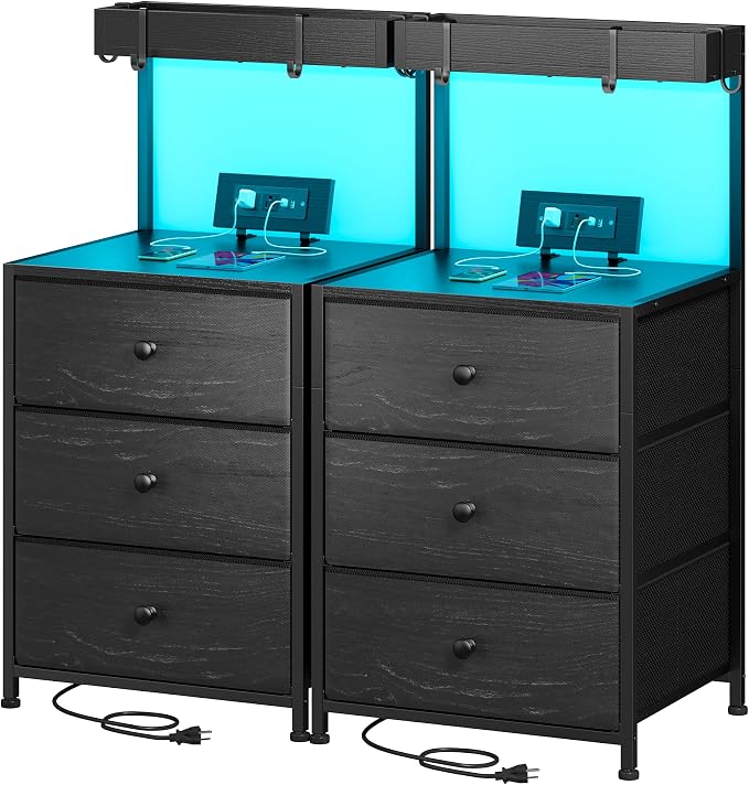 EnHomee Tall Night Stand Set of 2, Nightstand with Charging Station and Led Nightstand with 3 Drawers, Bedside Table with Drawers and Outlets, for Bedroom,Entryway, Hallway, 4 Hooks, Black by EnHomee