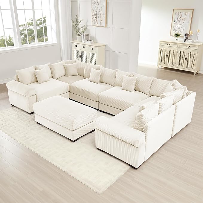 KEIKI 138" U-Shaped Oversized Corduroy Modular Cloud Sectional Sofa with 1 Ottoman, High-Density Foam Cushion, Extra-Thick Armrest, 6-Seater Fluffy Corner Couch with 20 Pillow, for Living Room, Beige