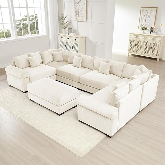 KEIKI 138" U-Shaped Oversized Corduroy Modular Cloud Sectional Sofa with 1 Ottoman, High-Density Foam Cushion, Extra-Thick Armrest, 6-Seater Fluffy Corner Couch with 20 Pillow, for Living Room, Beige