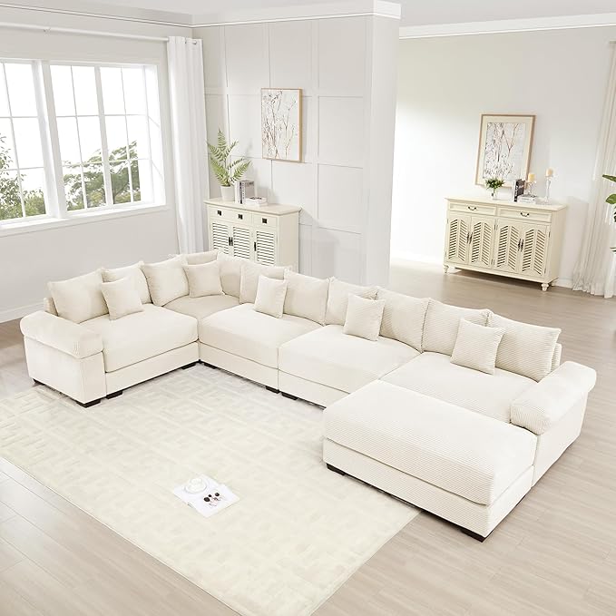 KEIKI 146" U-Shaped Oversized Corduroy Modular Cloud Sectional Sofa with 1 Ottoman, High-Density Foam Cushion, Extra-Thick Armrest, 5-Seater Fluffy Corner Couch with 18 Pillow, for Living Room, Beige