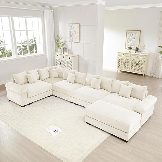 KEIKI 146" U-Shaped Oversized Corduroy Modular Cloud Sectional Sofa with 1 Ottoman, High-Density Foam Cushion, Extra-Thick Armrest, 5-Seater Fluffy Corner Couch with 18 Pillow, for Living Room, Beige