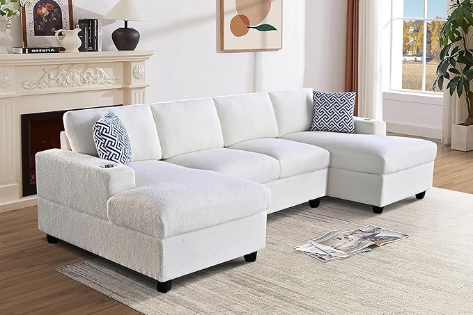 124-Inch Symmetrical Sectional Couch Wool Cloud Cushion Upholstered Sofas, U- Shaped Modular Sectional Sofa with Cup Holders and 2 Chaise Lounges for Living Room
