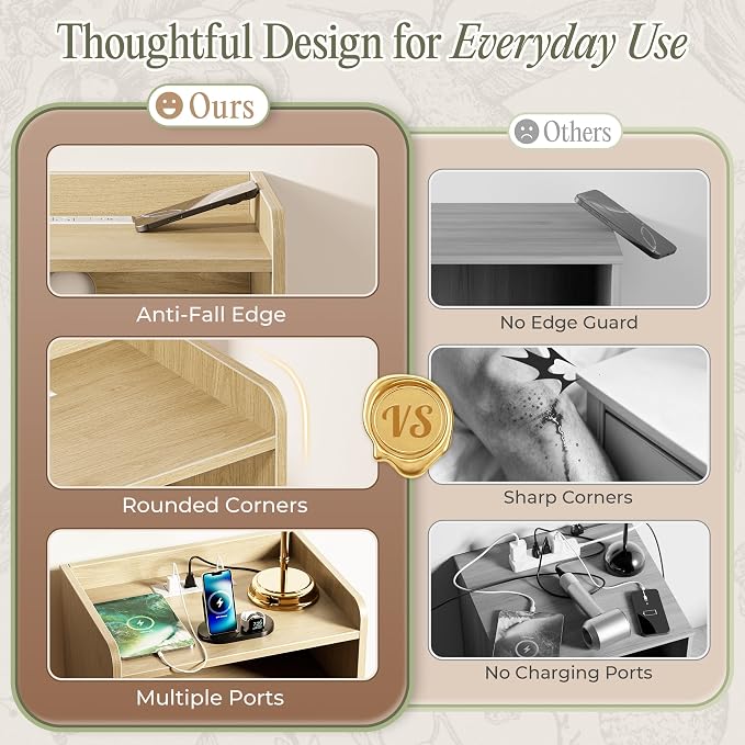 Huuger Nightstand with Charging Station, USB-C Port, Fluted Night Stand with Drawer, Bed Side Table with Solid Wood Feet, Open Storage, End Table with Raised Edge, for Bedroom, Natural - Image 5