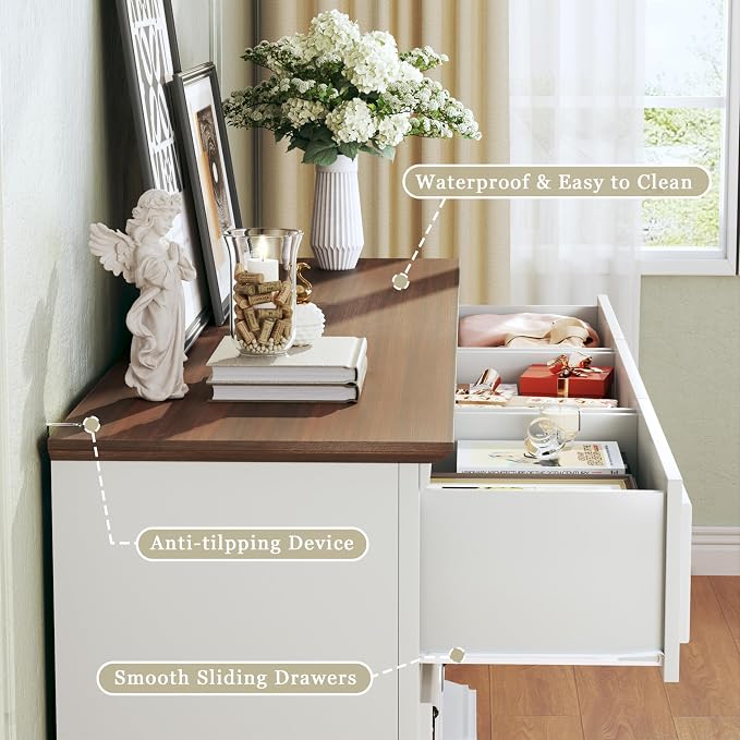 HUAHUU Farmhouse 9 Drawer Dresser for Bedroom, 60" Wide Wood Dresser with Roman Column, Chest of Drawers with Antique Bronze Circle Handles, Storage Organizer for Living Room, Hallway, Entryway, White - Image 4