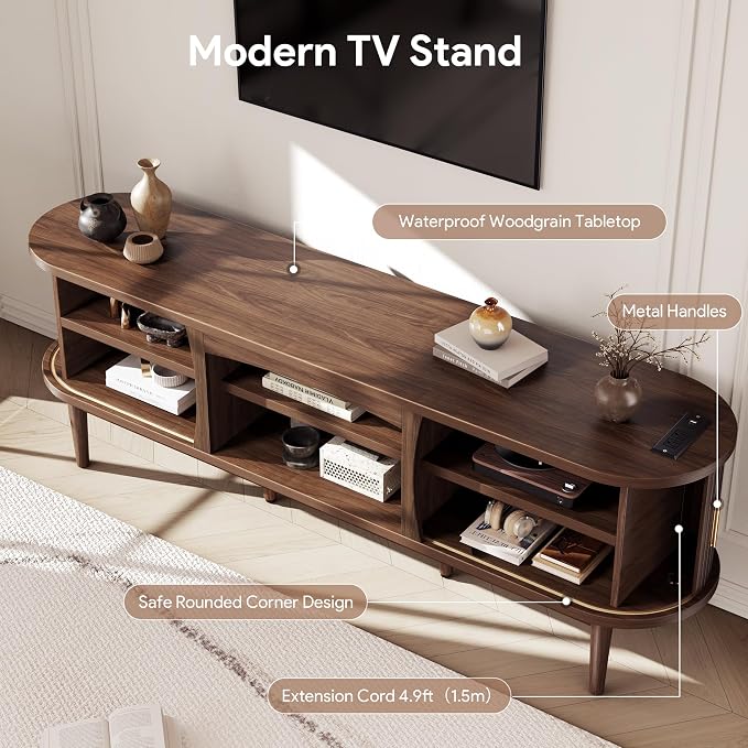 Decofy Mid Century TV Stand for TVs up to 80 Inches, Entertainment Center with Storage, Power Outlet, Fluted Sliding Doors & Adjustable Shelves, Modern Media TV Console Table for Living Room (Walnut) - Image 6
