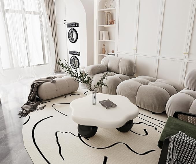 35" Cloud Coffee Table with 3 Ball Legs, Modern Minimalist Petal Center Table for Living Room, Low Cute Small MDF Tea Table for Bedroom, Small Space Apartment-White Black