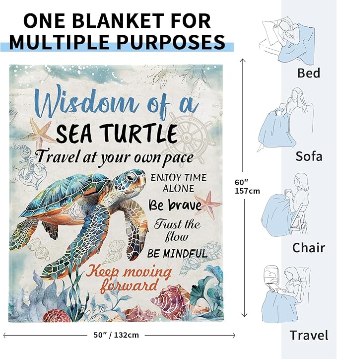 Positive Sea Turtle Gifts for Women Men, Flannel Soft Blanket Decor, Sea Turtle Gifts for Turtles Lovers, Inspirational Healing Gift for Friend Meditator Graduate - 50x60 inches