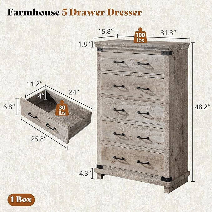 AMERLIFE 5 Pieces Farmhouse Bedroom Set, Includes Rustic Queen Bed Frame with 54" Tall Headboard, 6 Drawer Dresser, 5 Drawer Tall Chest, Nightstands Set of 2 with Charging Station, Rustic Grey