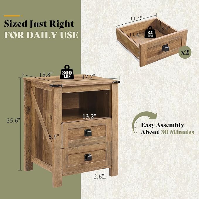 AMERLIFE 18" Farmhouse Nightstand Set of 2, Wooden Bedside Table with 2 Drawers & Open Shelf, Rustic Wood End Table for Bedroom or Living Room, Barnwood - Image 2