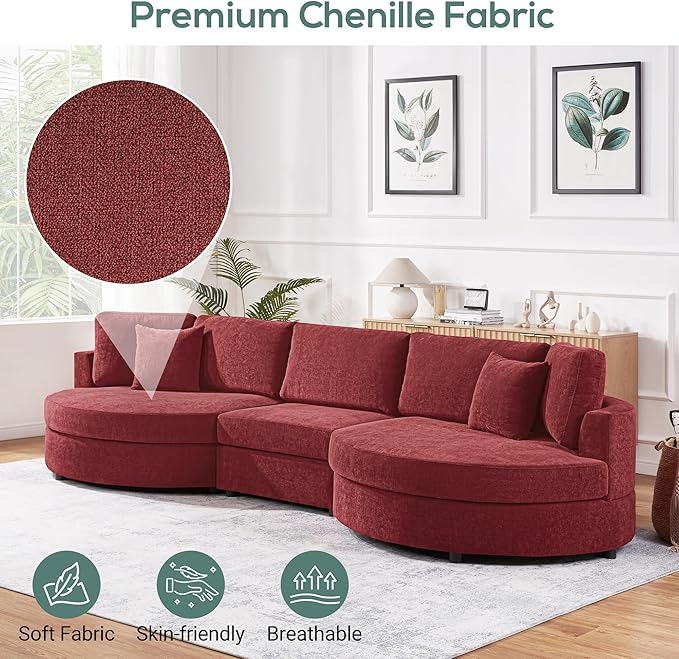 Merax 129 inches 3-Seater Curved Chenille Sofa, Modern Upholstered Living Room Couch with Thick Cushions, Includes 2 Throw Pillows, Easy Assembly, Red