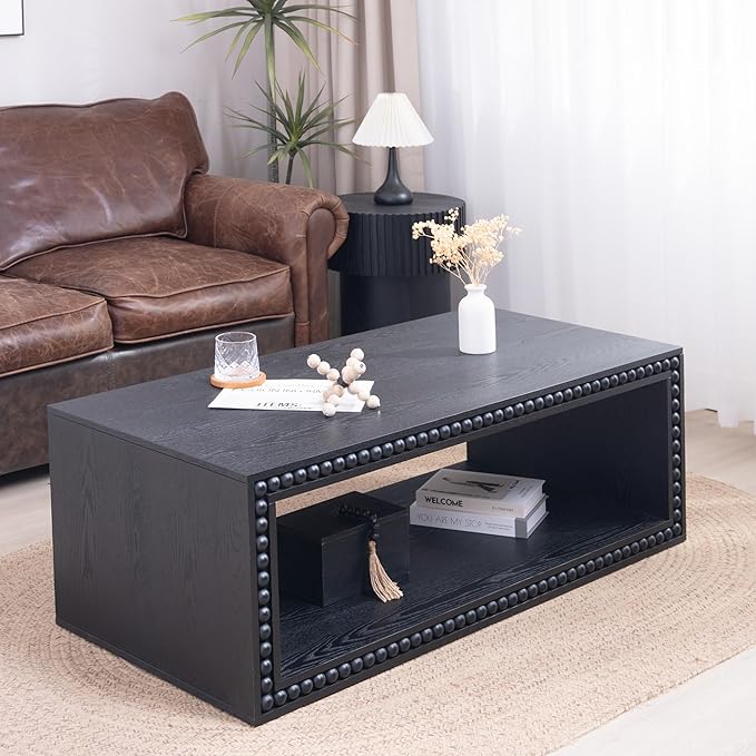 Rectangular Coffee Table with Real Wood Beads, Rustic Wooden Center Table with Open Storage Shelf, Farmhouse Tea Table for Living Room Apartment Office,47.6" L x 23.7" W x 17" H