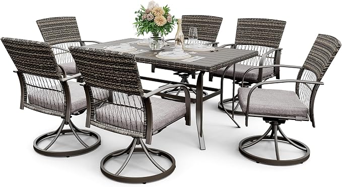 Pamapic 7 Piece Patio Dining Set for 6,Wicker Outdoor Furniture Set for Backyard Garden Deck Poolside with Iron Slats Table Top (Grey, 7 PCS Swivel Dining Set) by Pamapic