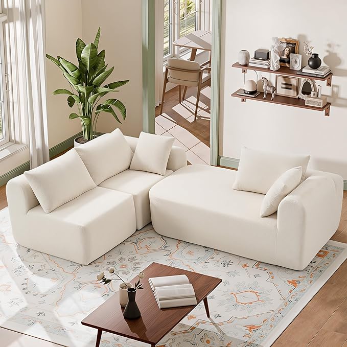 104" Modular Sectional Sofa with L-Shape Chaise, Sherpa Modern Upholstered Cloud Couches for Living Room Bedroom, No Assembly Required, White